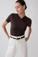 Junie Shortsleeve Cross-Over Bodysuit - Chocolate