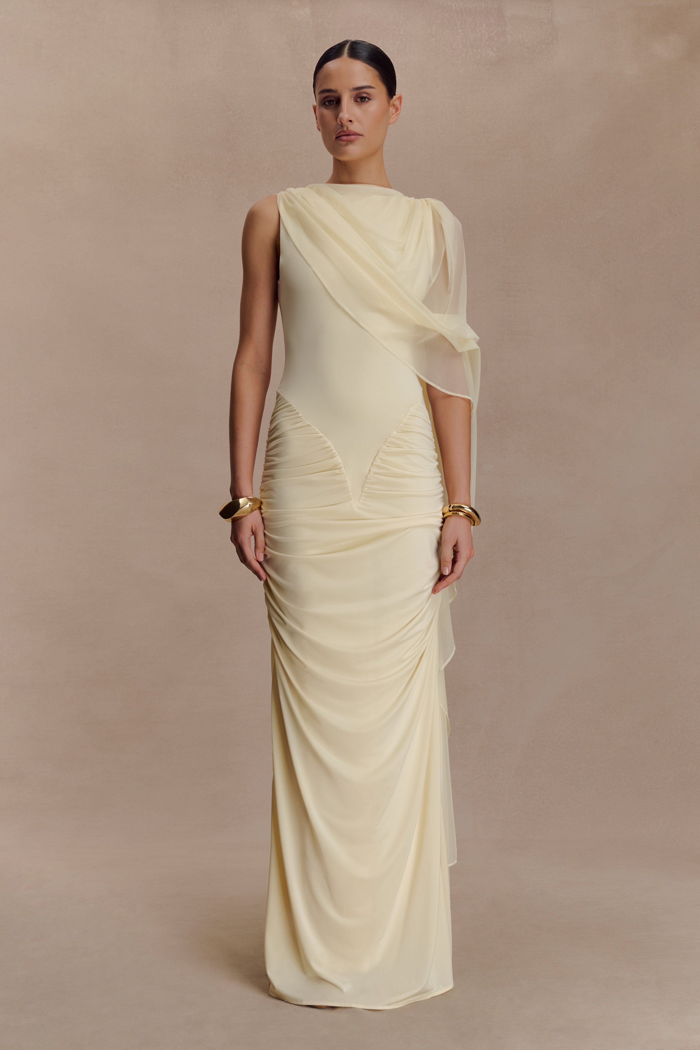 Amandine Ruched Slinky Maxi Dress - Lemon