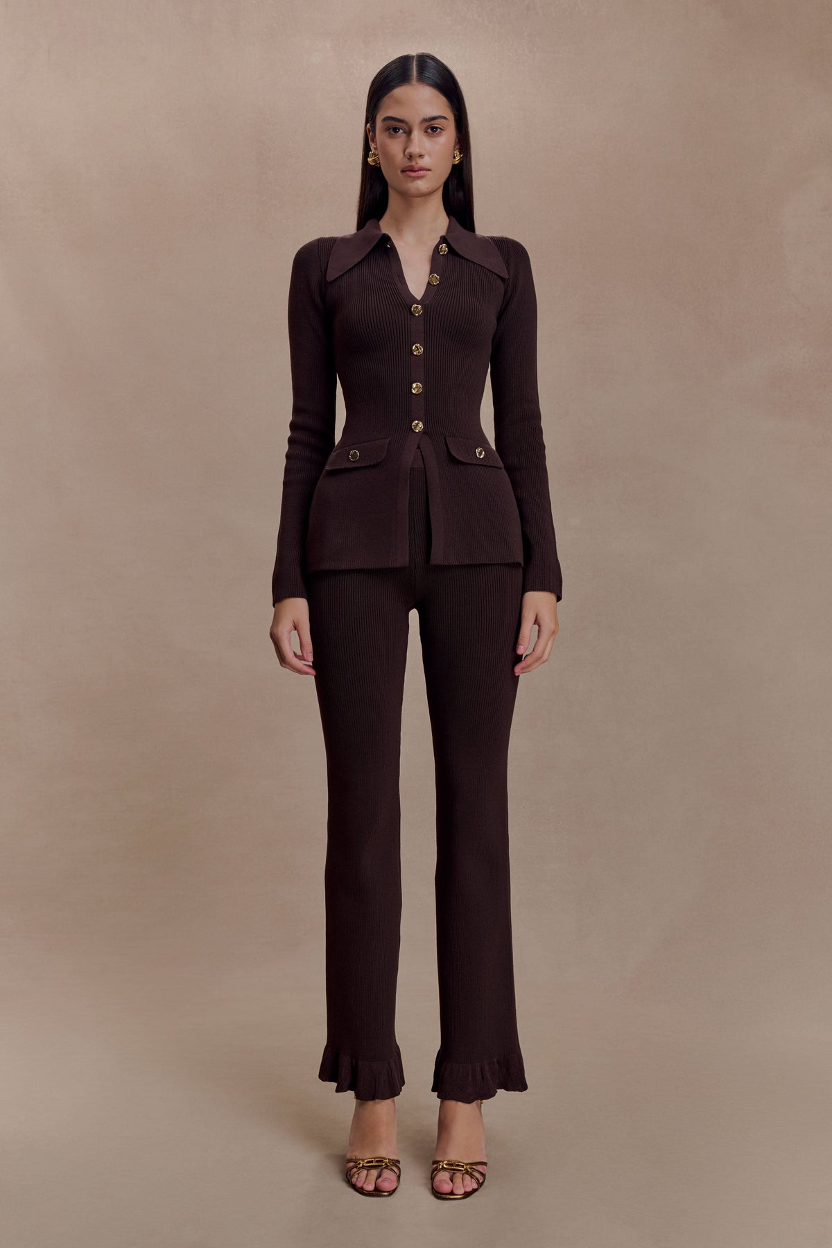 Suzie Ribbed Flared Pants - Chocolate