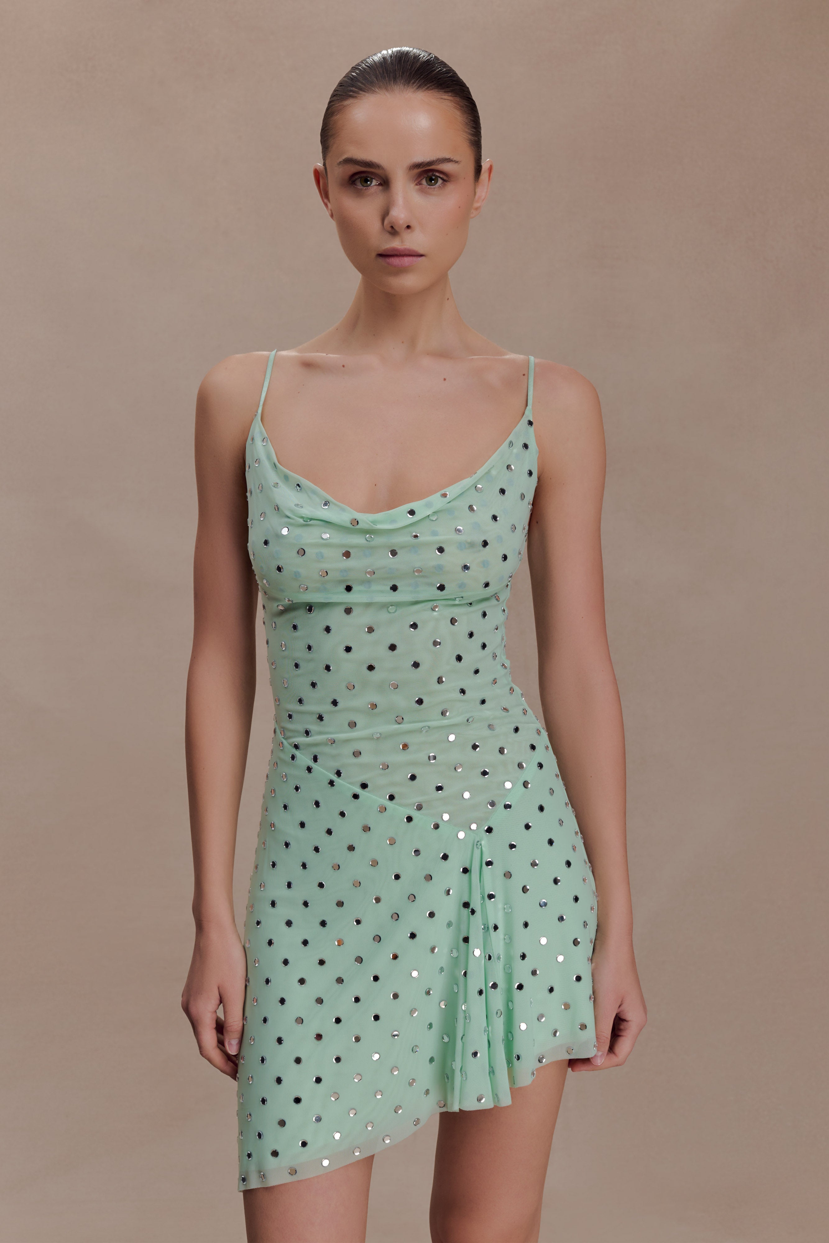 Zahra Diamante Cowl Mini Dress - Mint