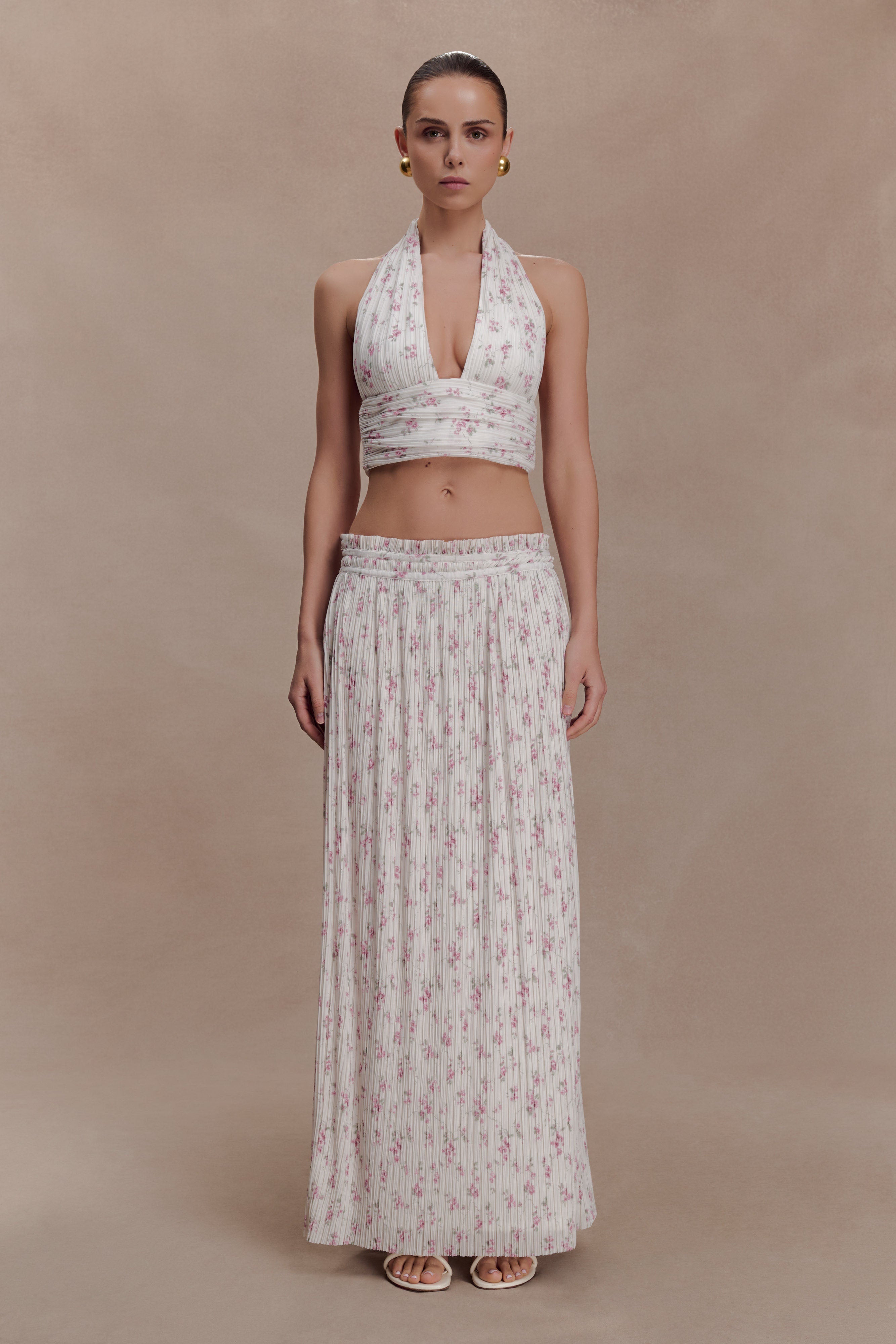 Amaris Gathered Plisse Maxi Skirt - Floral Ditsy Print