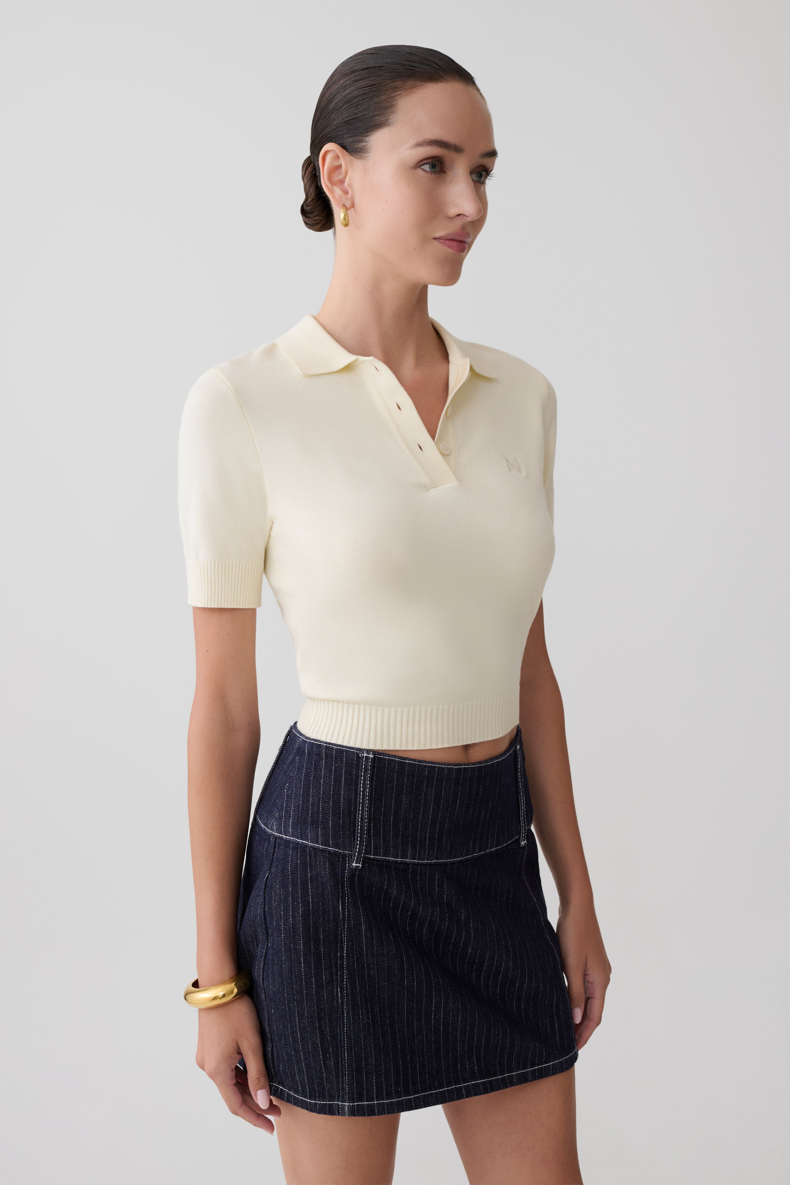 Loraine Mid Rise Denim Mini Skirt - Indigo Pinstripe