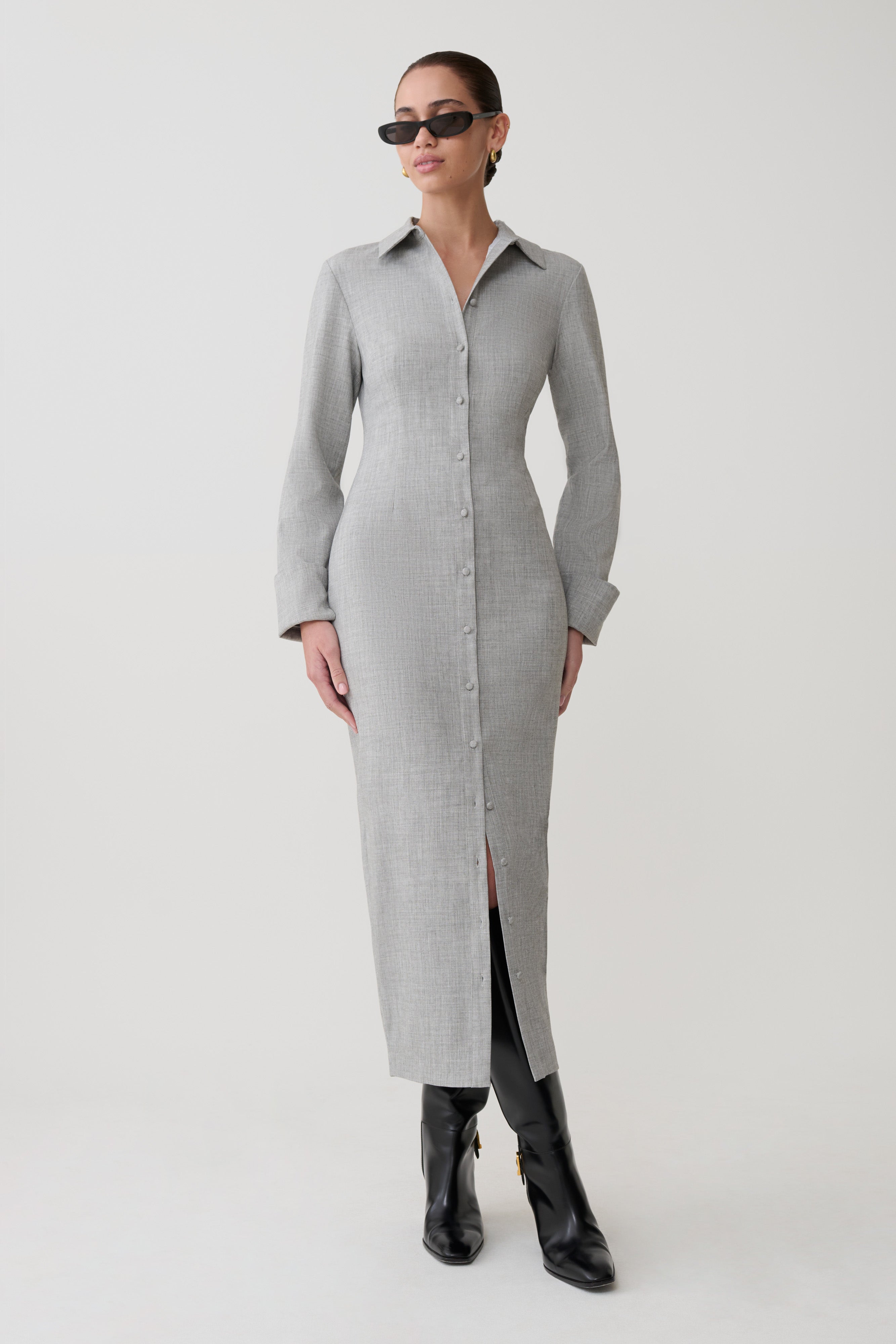 Dorian Fitted Shirt Midi Dress - Charcoal Marle